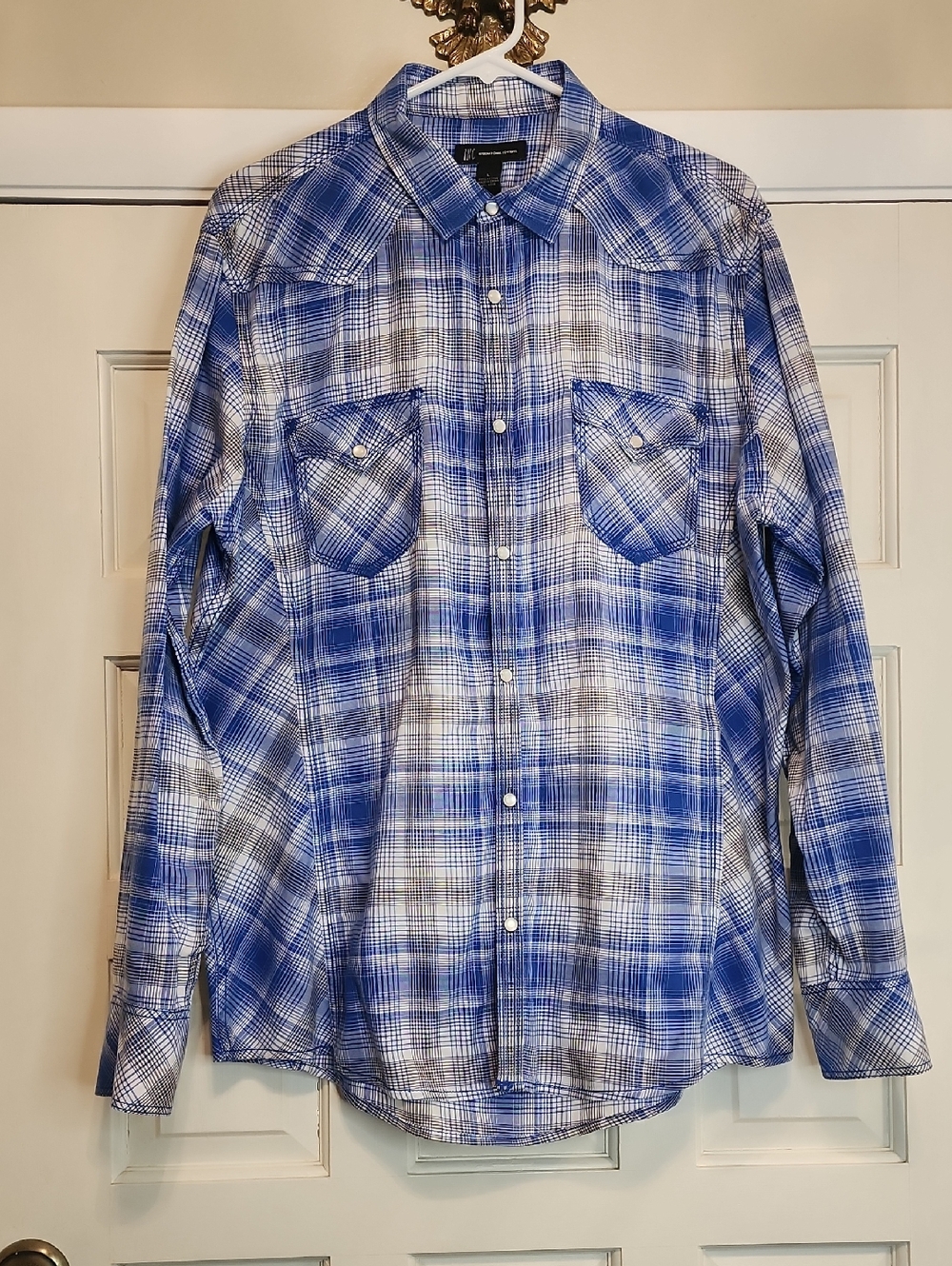 INC International Concepts Blue Plaid Snap-Down Western Cowboy Shirt 2 Pockets